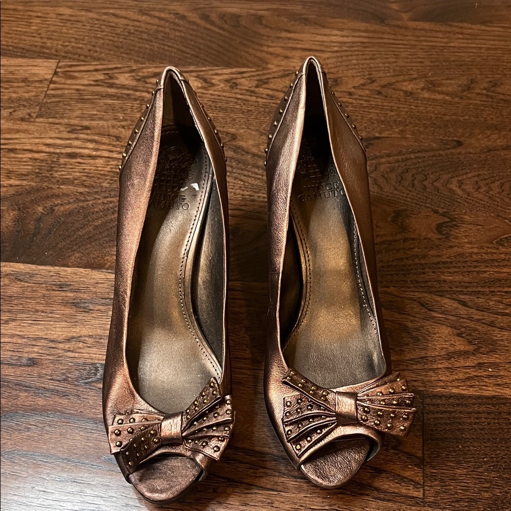 Vince Camuto Metallic Bronze Heels with Studded Bronze Bow